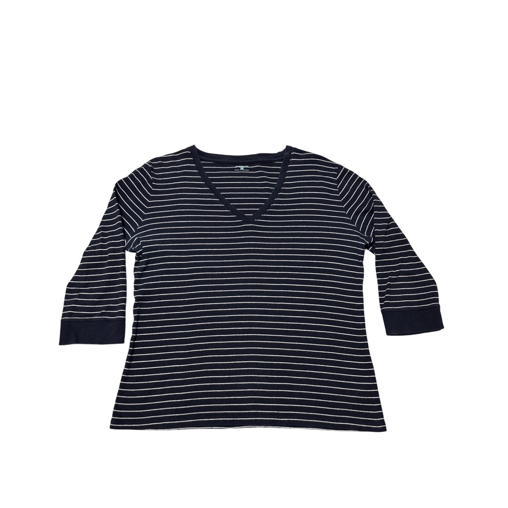 Jones New York Sport Navy White Striped V-Neck 3/4 Sleeve Cotton Top XL Nautical